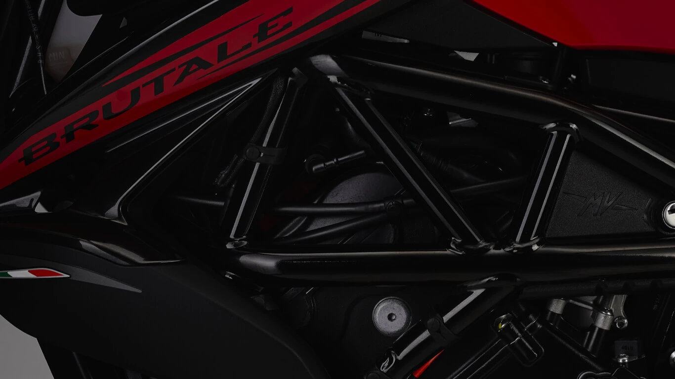 design Nahaufnahme des Rahmens und Motors eines MV Agusta Brutale Motorrads.