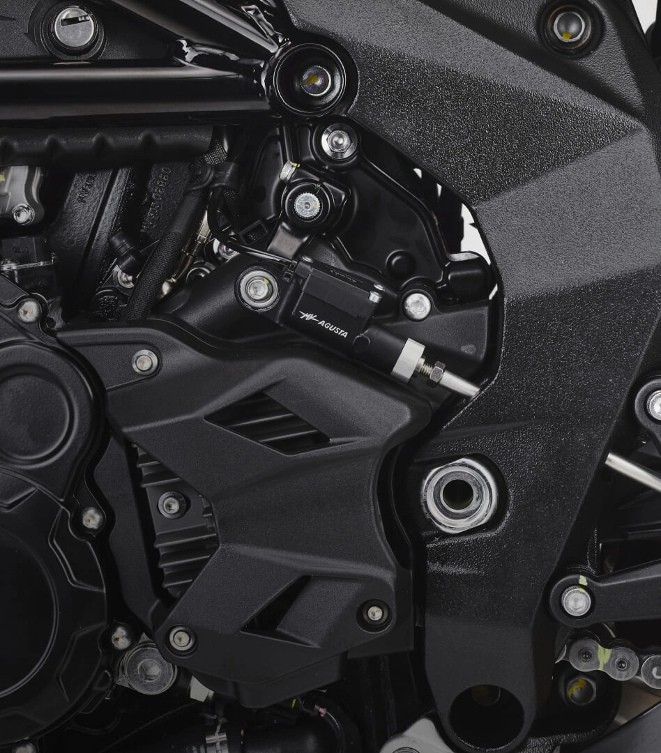 electronics Nahaufnahme eines MV Agusta Motorradmotors mit sichtbaren Details und Schrauben.