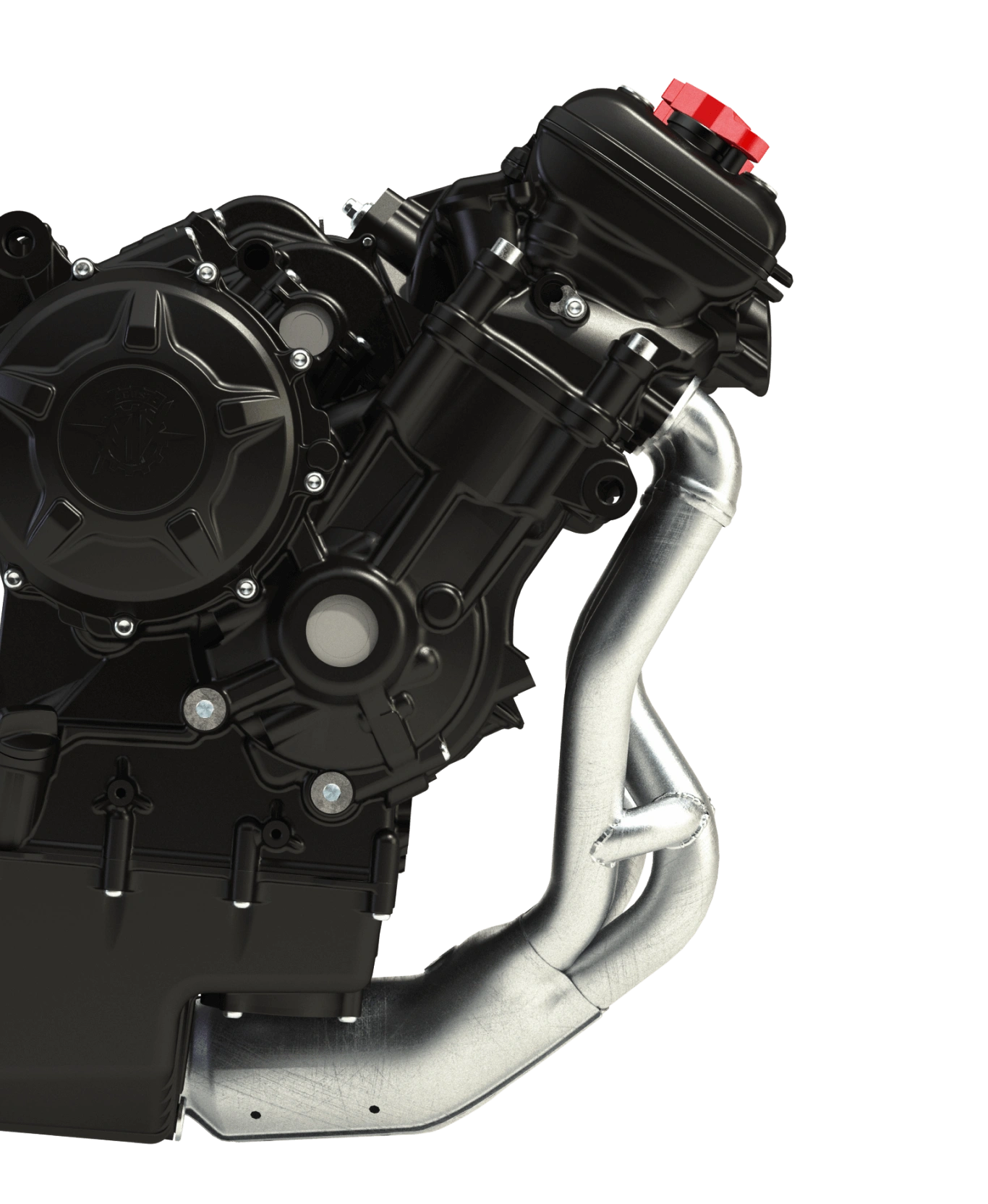 engine Ein schwarzer Motorrad-Motor mit silbernen Auspuffrohren.