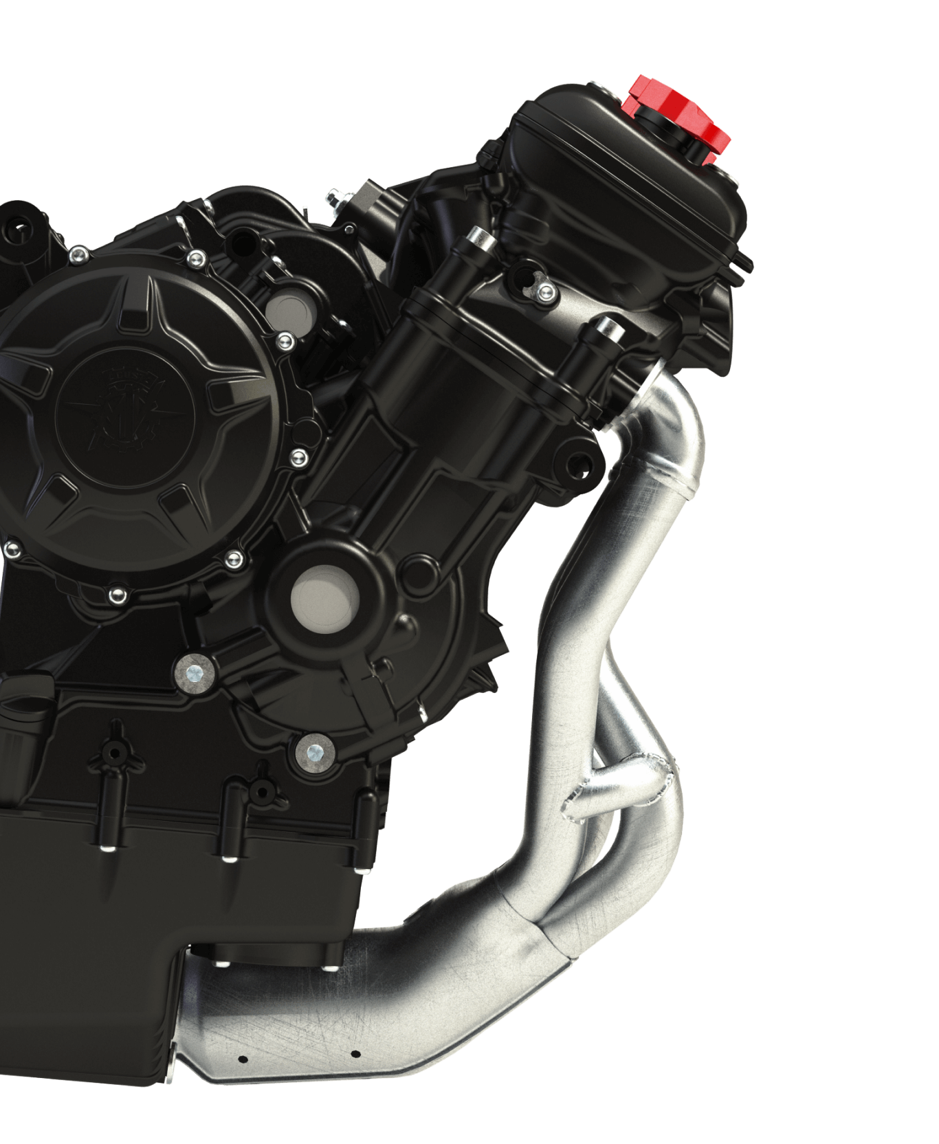 engine_5 Schwarzer Motorrad-Motor mit silbernem Auspuffrohr.