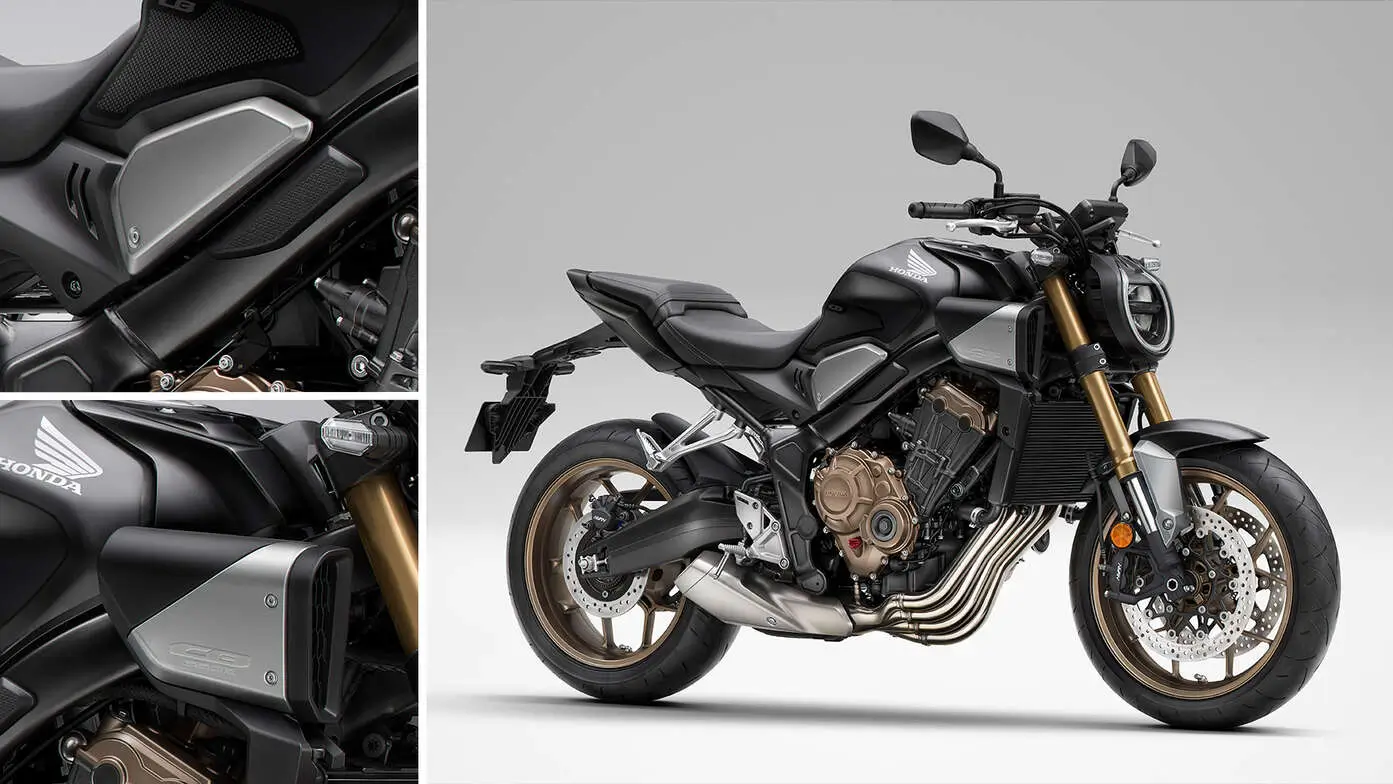 Honda CB650R Motorrad in schwarzer und silberner Farbe.