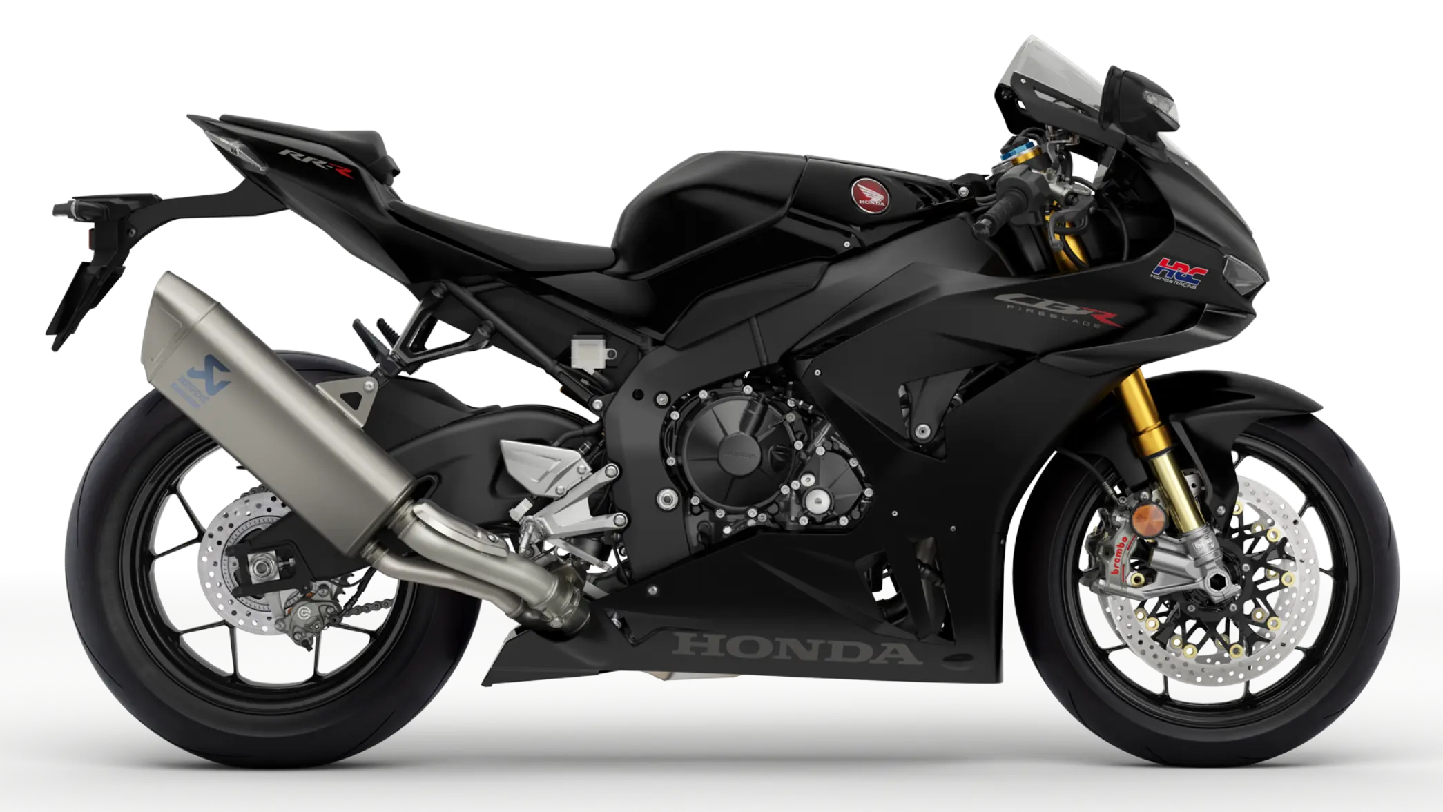 Schwarzes Honda CBR1000RR-R Fireblade Motorrad, seitliche Ansicht.