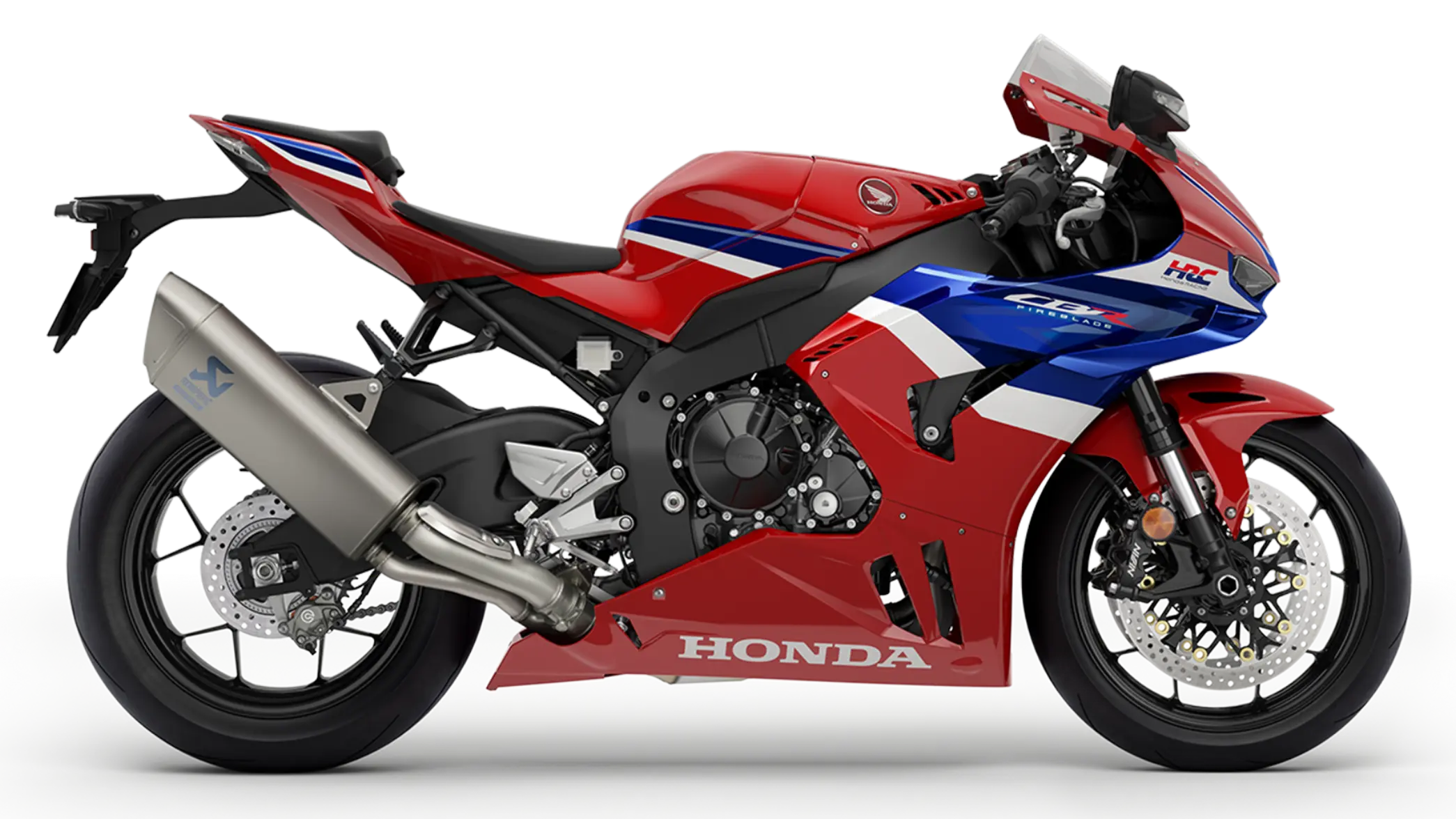 Honda CBR1000RR Fireblade Motorrad in Rot, Blau und Weiß.