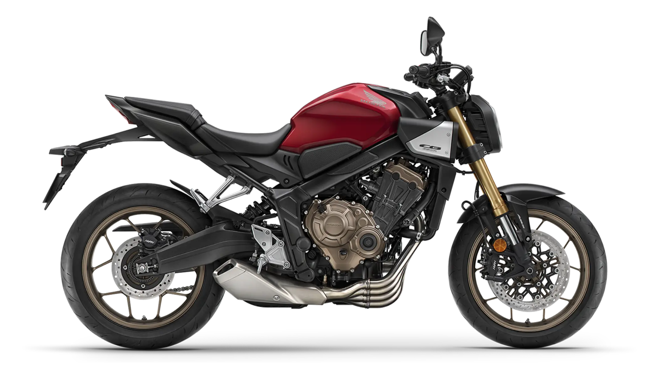 Ein rotes Honda CB650R Motorrad auf transparentem Hintergrund.