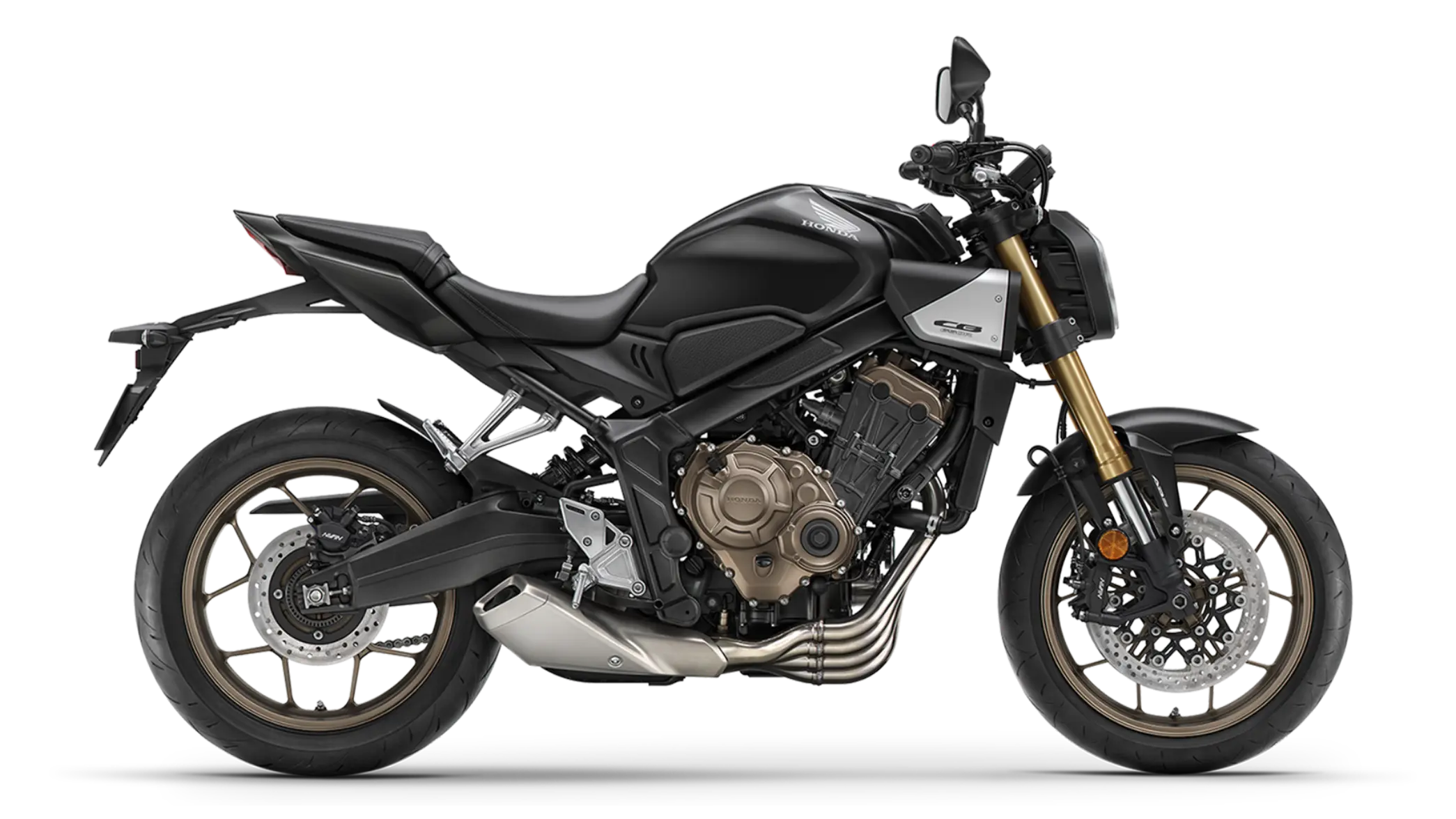 Schwarzes Honda Motorrad, Seitenansicht auf transparentem Hintergrund.