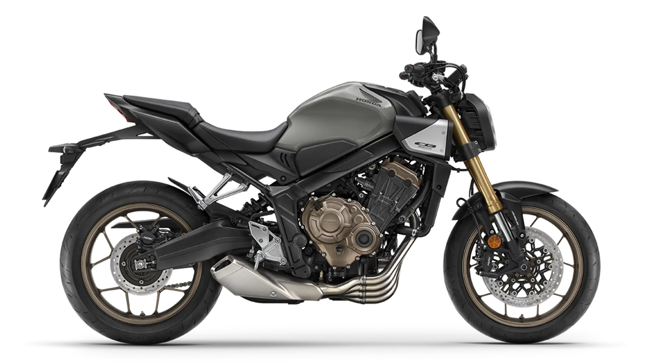 Honda CB650R Motorrad in Seitenansicht auf transparentem Hintergrund.