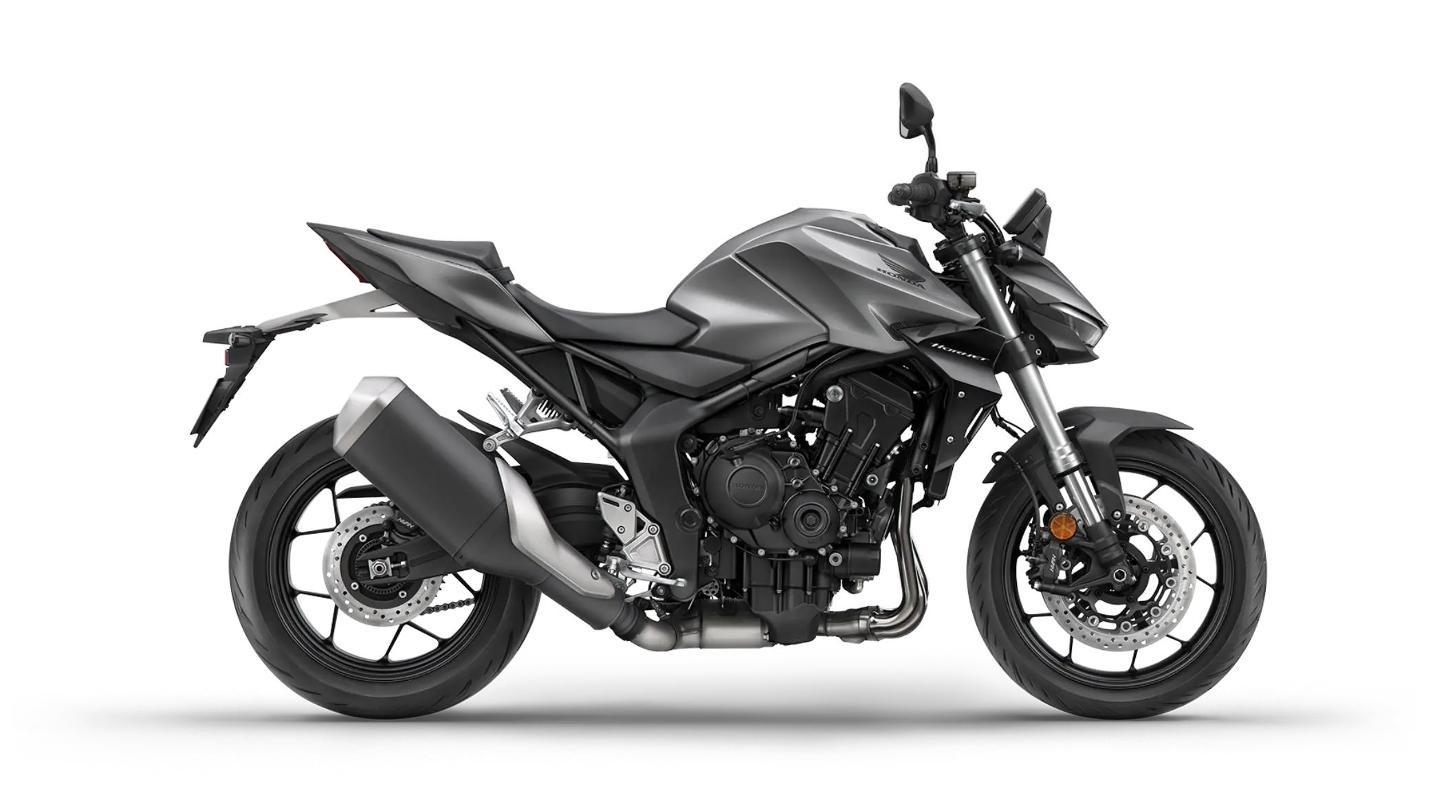 Ein graues Honda-Motorrad CB1000 Hornet in Seitenansicht