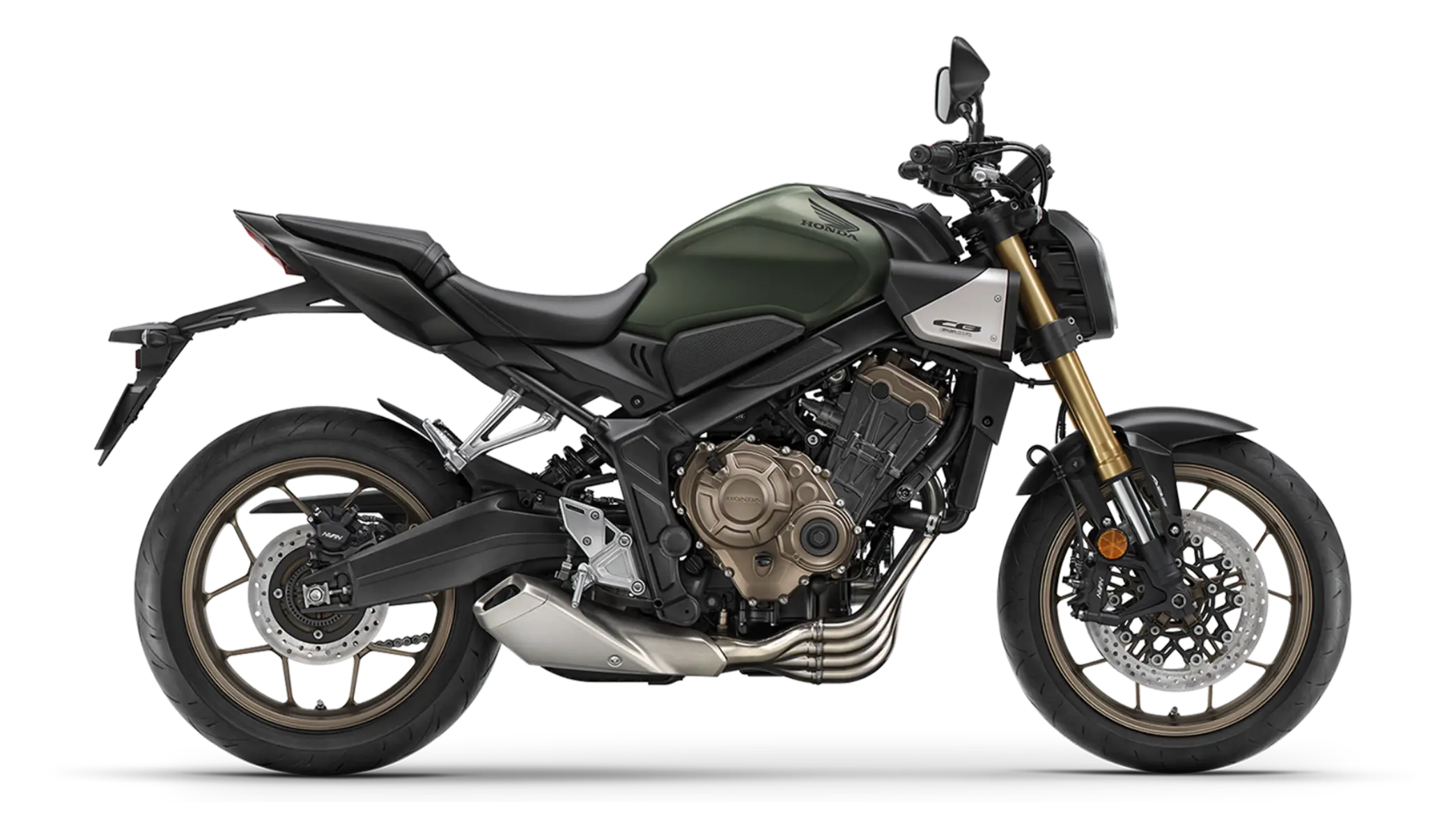 Honda CB650R Motorrad von der Seite auf transparentem Hintergrund.