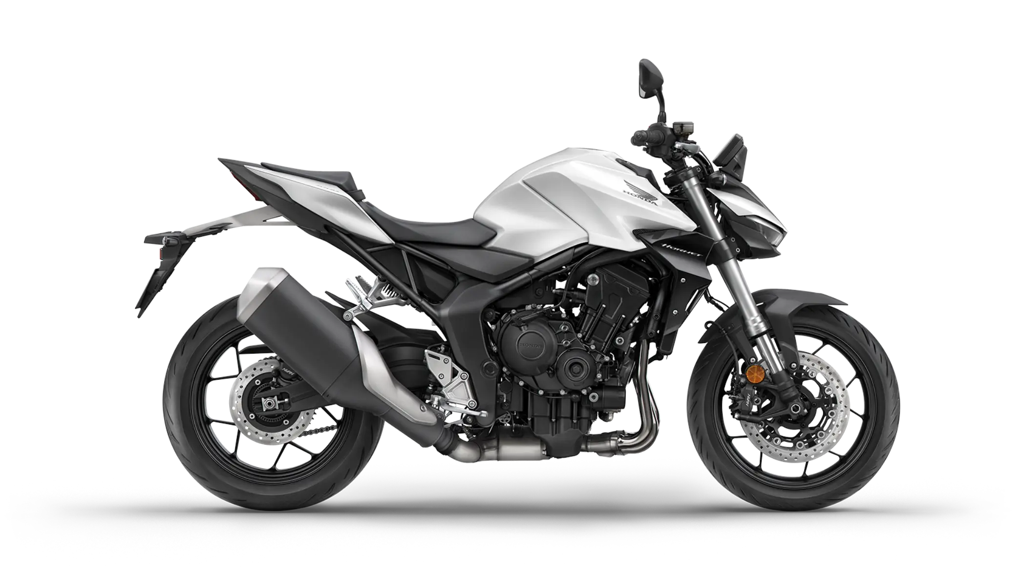 Silbernes Honda-Motorrad CB1000 Hornet Seitenansicht.