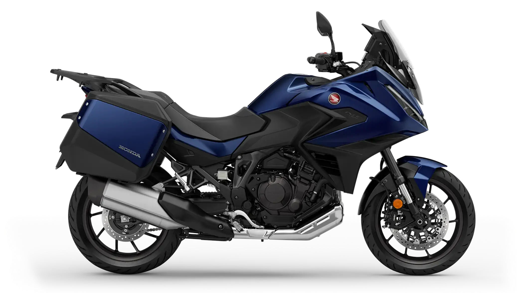 Ein blaues Honda-Motorrad NT1100 mit Koffern auf einem transparenten Hintergrund.