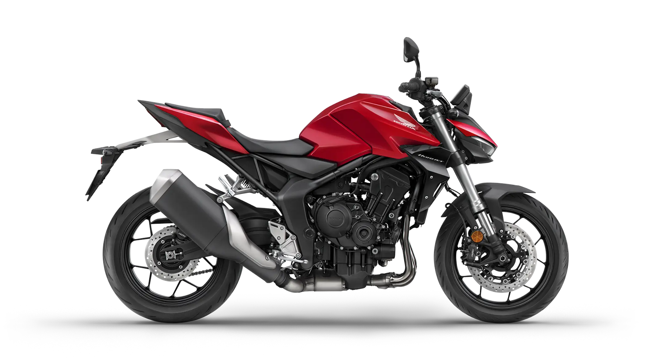 Ein rotes Honda Motorrad CB1000 Hornet, seitlich