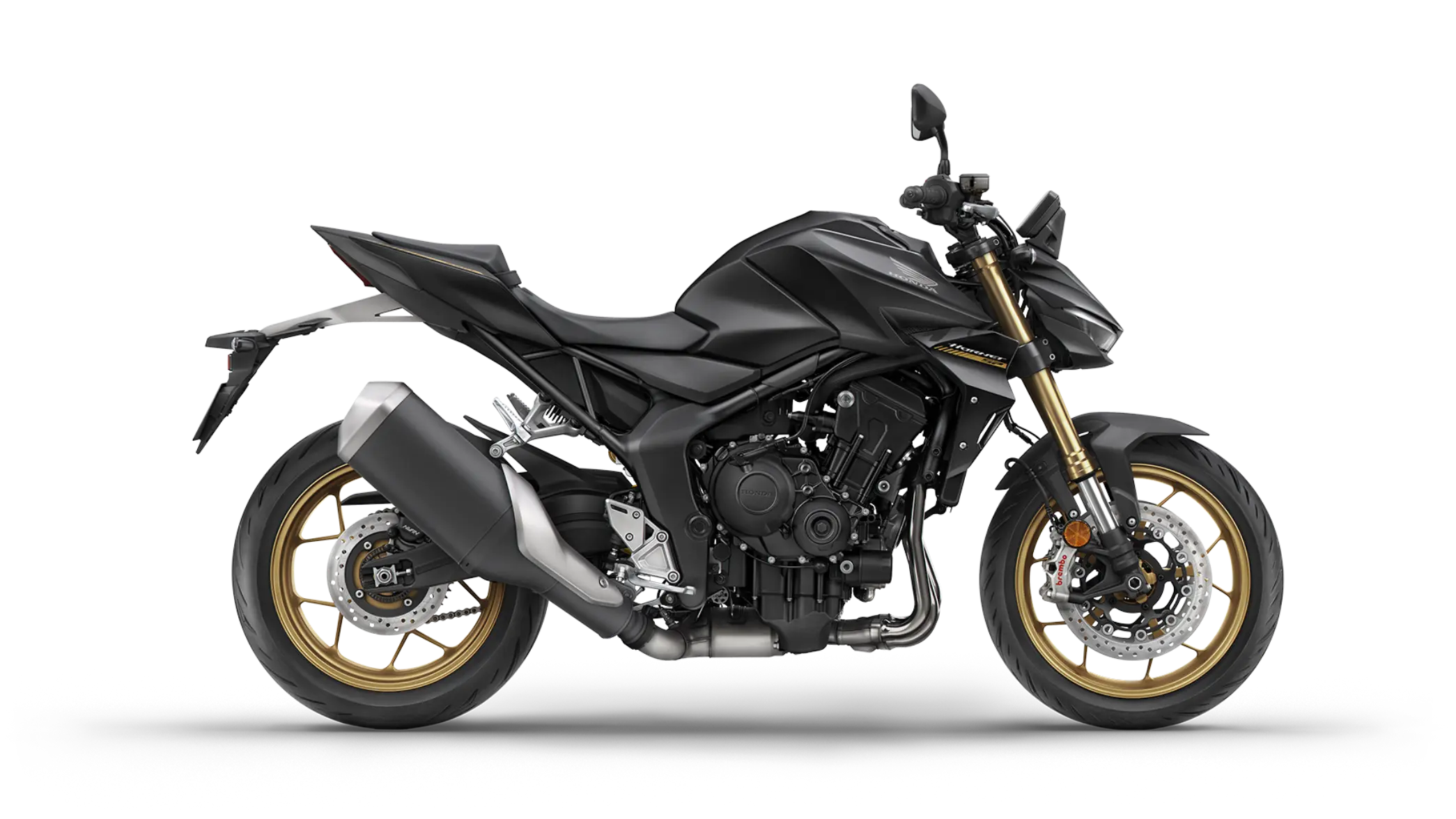 Ein schwarzes Honda-Motorrad CB1000 Hornet mit goldenen Felgen, seitlich abgebildet.
