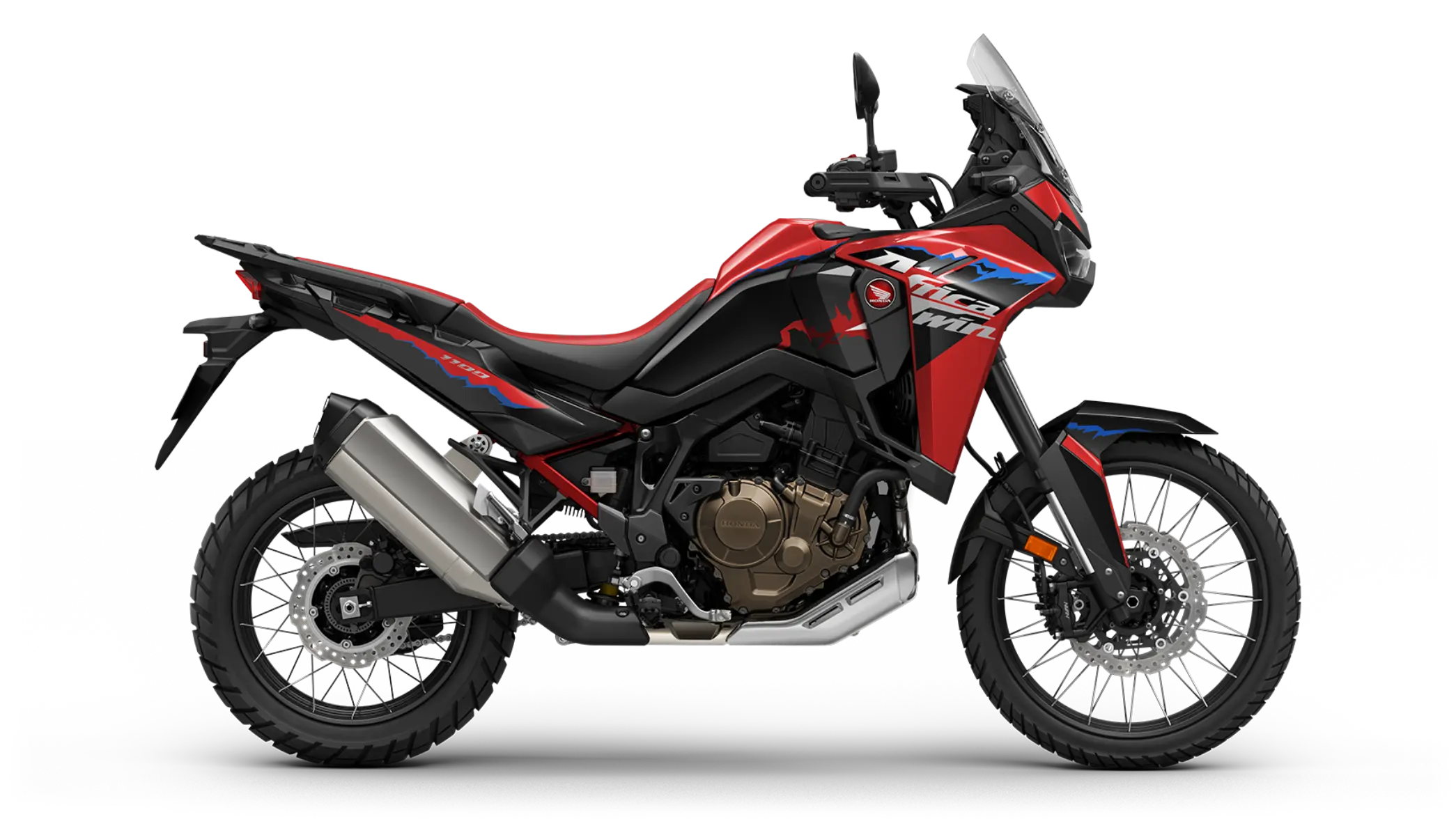 Ein rotes Honda Africa Twin Motorrad mit schwarzem Rahmen und silbernem Auspuff.
