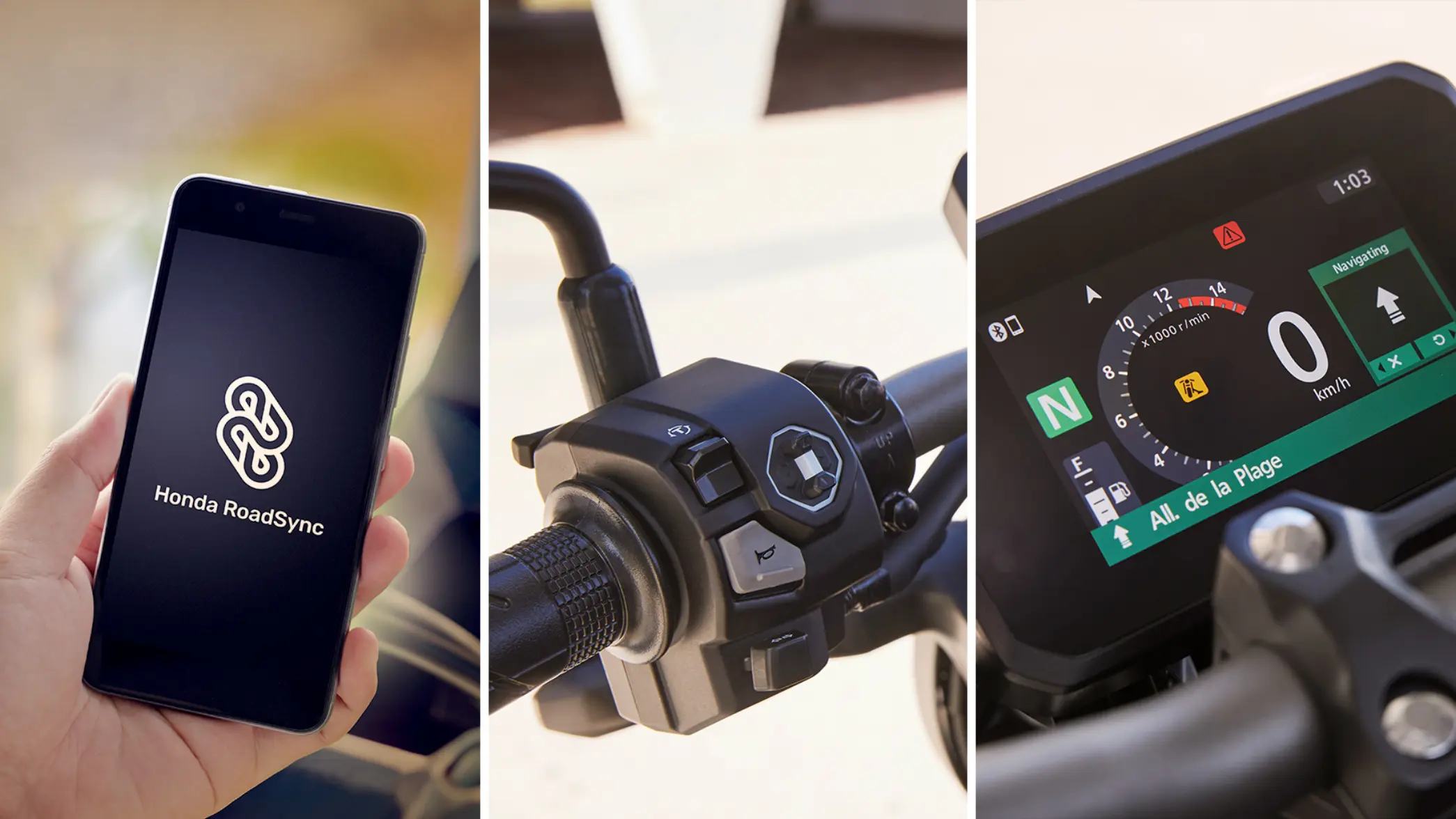 fb_r_w (4) Smartphone mit Honda RoadSync-App, Motorradlenker mit Bedienelementen und digitales Motorraddisplay.