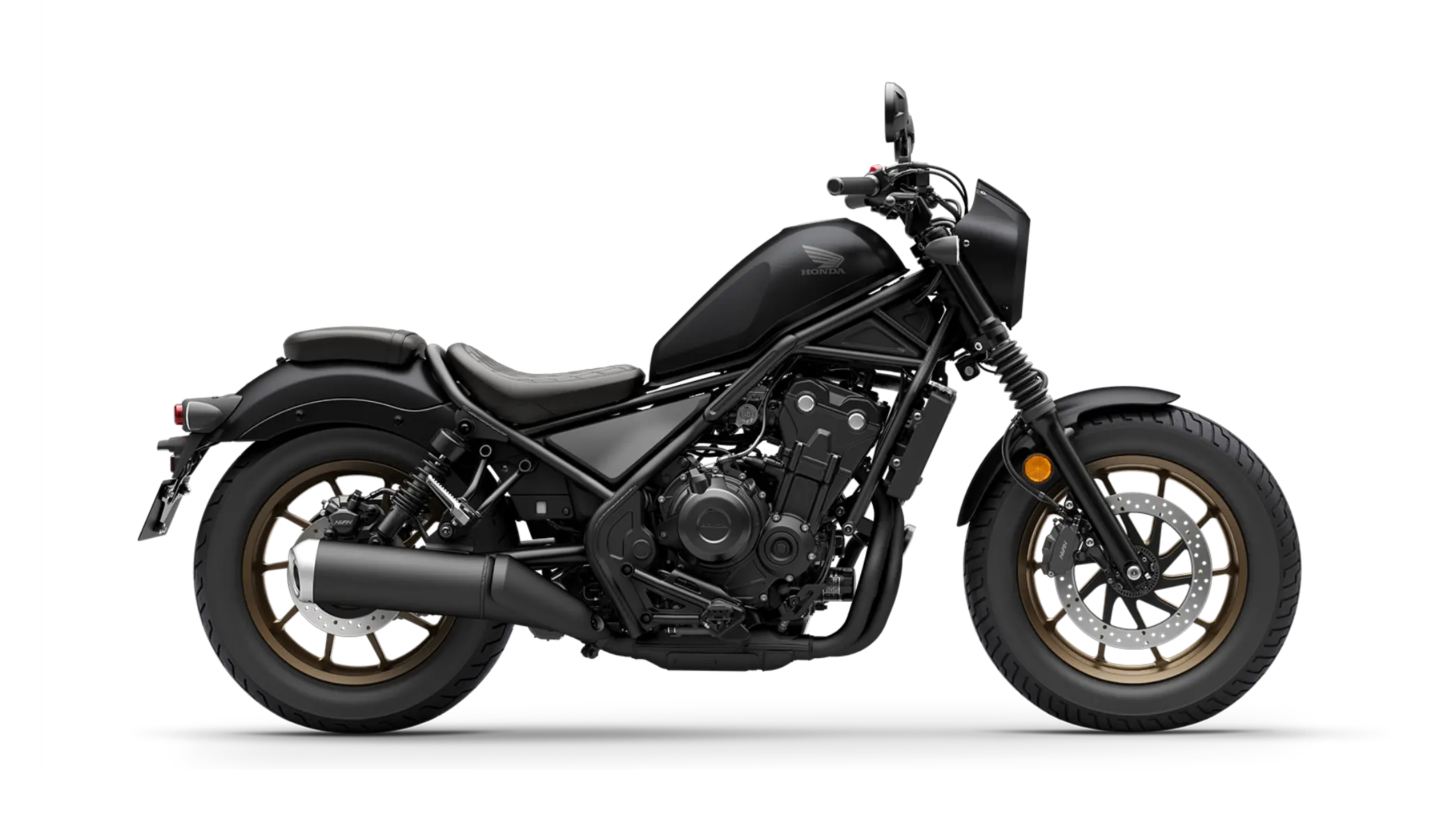 Schwarzes Honda-Motorrad CMX500 REBEL, Seitenansicht.