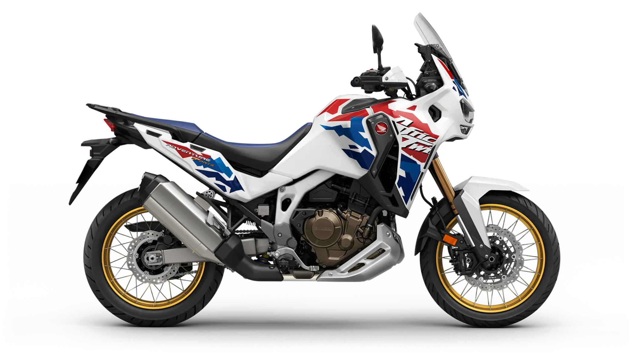 Ein weißes Honda Adventure Sports Motorrad mit blauen und roten Akzenten auf schwarzem Hintergrund.