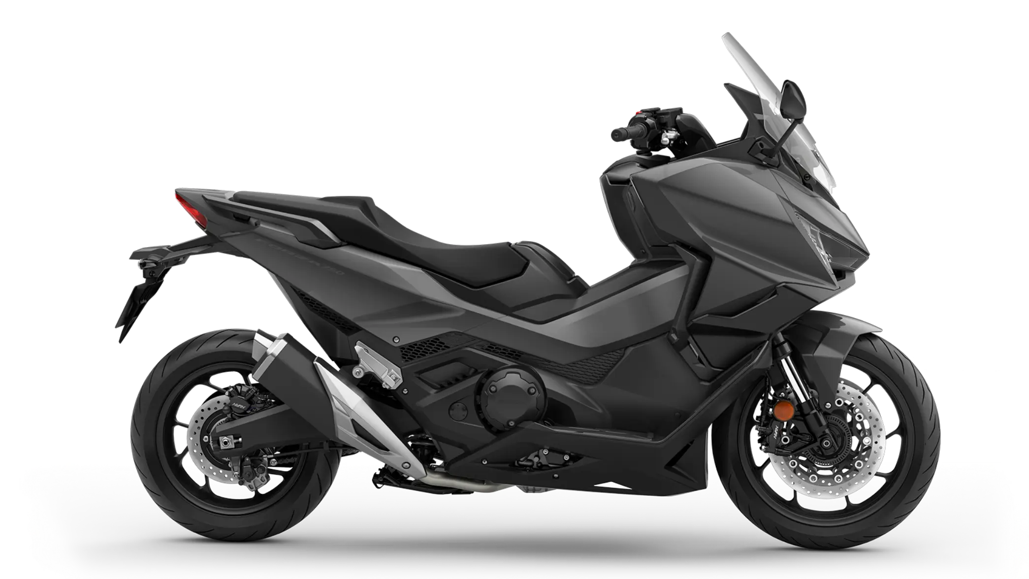 Schwarze Honda FORZA 750, seitliche Ansicht.