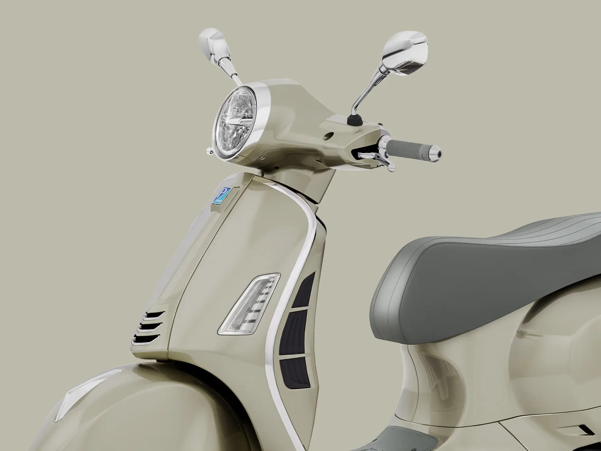vespa-gts125 Vespa GTS 125 in Beige, seitliche Nahaufnahme des Lenkers und Sitzes.